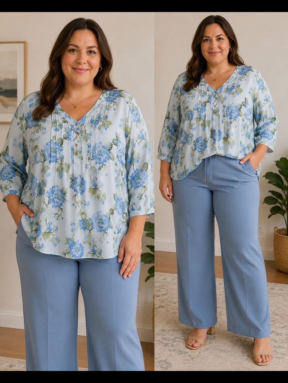 Rose & Olive Light Blue Floral Pleated Blouse Size 1X